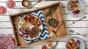 Honey, Thyme Chicken, Halloumi Cheese and Peach Kabobs