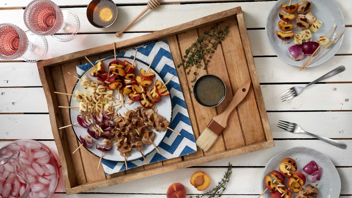 Honey, Thyme Chicken, Halloumi Cheese and Peach Kabobs